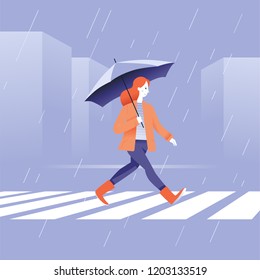 Vector illustration in flat simple style     autumn concept    girl walking in the rain in orange coat and umbrella