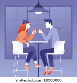 Vector illustration in flat simple style -  happy couple drinking coffee - cartoon characters in coffee house