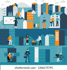 Vector illustration in flat simple style with small characters  -  bitcoin and business concept - abstract urban landscape with advertising and buildings - virtual currency,ecommerce, digital banking 