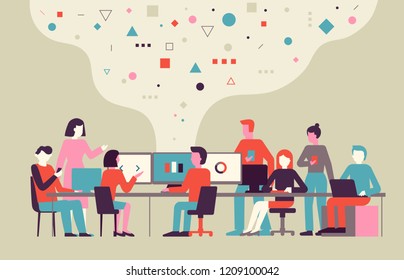 Vector illustration in flat simple style with small characters - app and software development concept - people working with data - team of computer programmers, project managers, graphic designers