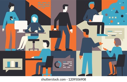 Vector illustration in flat simple style with small characters - app and software development concept - people working with data - team of computer programmers, project managers, graphic designers