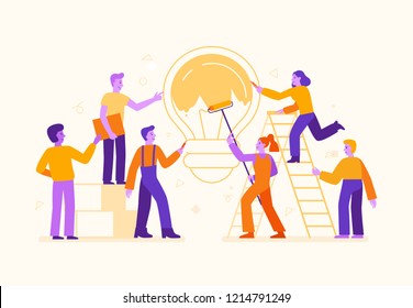 Vector illustration in flat simple style with characters - cartoon people working on creative idea - teamwork concept - painting light bulb