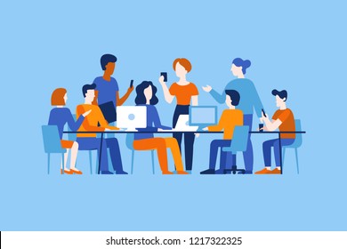 Vector illustration in flat simple style with characters - app and software development - people working together - team of computer programmers, graphic and interface designers, project managers 
