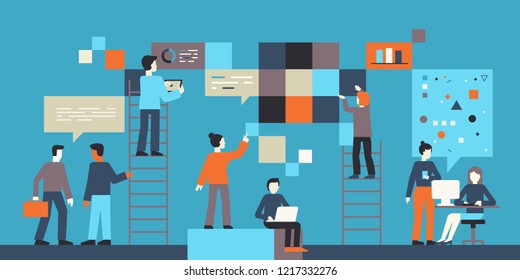 Vector illustration in flat simple style with small characters - app and software development concept - people working with data - team of computer programmers, graphic and interface designers