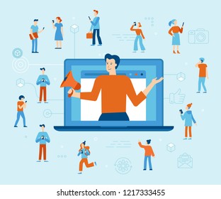 Vector illustration in flat simple style with characters - influencer marketing concept - blogger promotion services and goods for his followers online 