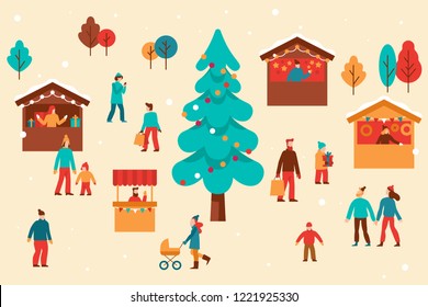 Vector illustration in flat simple style -  Christmas greeting card, banner, poster with people at festival seasonal market and fair - men and women celebrating winter holidays at town square