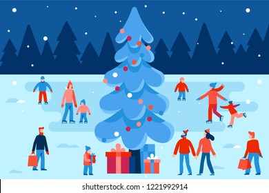 Vector illustration in flat simple style -  Christmas greeting card, banner, poster with people walking and skating outdoors in winter park - happy winter festive season - urban landscape 