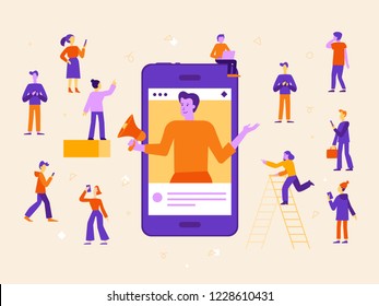 Vector illustration in flat simple style with characters - influencer marketing concept - blogger promotion services and goods for his followers online 