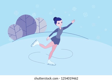 Vector illustration in flat simple style with ice skater girl. 