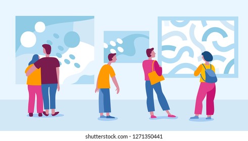 Vector illustration in flat simple style with characters - people visiting modern art gallery and viewing exhibition of abstract paintings - biennale event