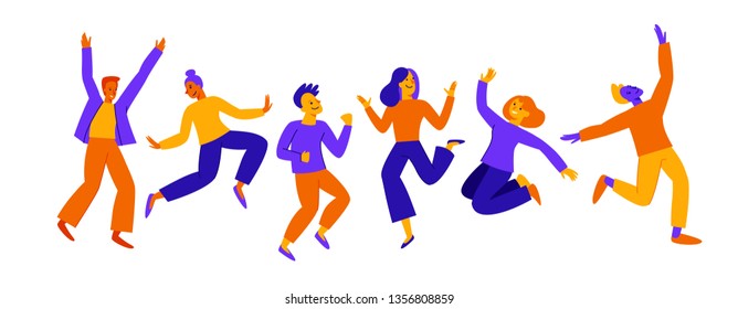 Vector illustration in flat simple style - happy jumping team - smiling men and women - victory, teamwork and cooperation concept - happy and joyful people  