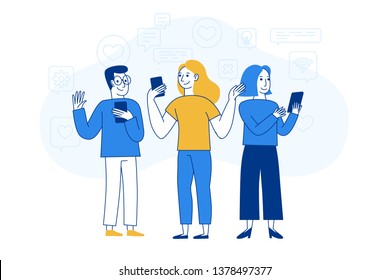 Vector illustration in flat simple style with characters - influencer marketing concept - bloggers using mobile phones and social media to promote services and goods for followers online 