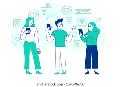 Vector illustration in flat simple style with characters - influencer marketing concept - bloggers using mobile phones and social media to promote services and goods for followers online 