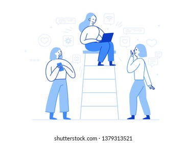 Vector illustration in flat simple style with characters - influencer marketing concept - bloggers using mobile phones and social media to promote services and goods for followers online