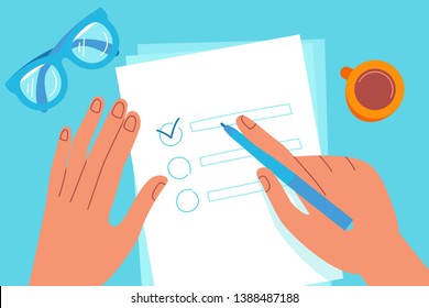 Vector illustration in flat simple style - hand holding pen and writing goals - to do list 