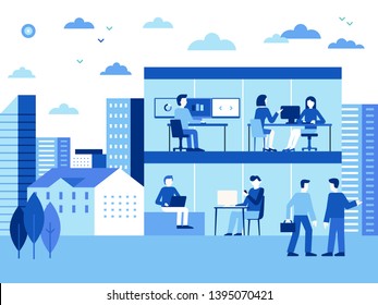 Vector illustration in flat simple style with characters - city landscape and coworking center with people working at the computers and laptops - teamwork and cooperation concept 