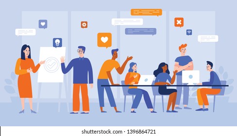 Vector illustration in flat simple style with characters - app and software development - people working together - team of computer programmers, graphic and interface designers, project managers 