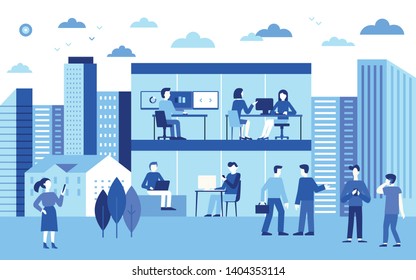 Vector illustration in flat simple style with characters - city landscape and coworking center with people working at the computers and laptops - teamwork and cooperation concept 