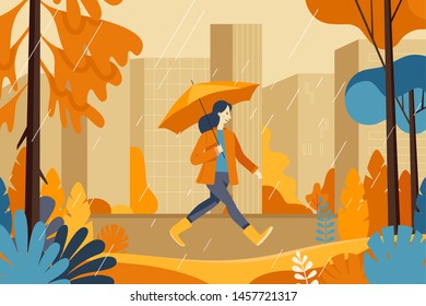 Ilustração vetorial em estilo simples simples - conceito de outono - menina andando na chuva de casaco laranja com guarda-chuva