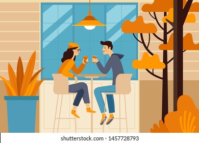 Vector illustration in flat simple style -  autumn illustration - happy couple drinking coffee - cartoon characters in coffee house