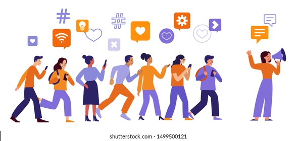 Vector Illustration In Flat Simple Style With Characters - Influencer Marketing Concept And Referral Loyalty Program - Blogger Promotion Services And Goods For Her Followers Online 