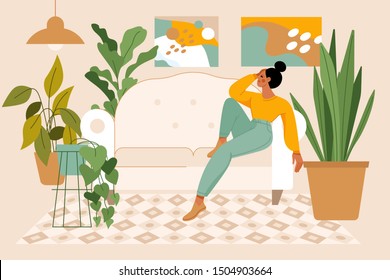 Vector illustration in flat simple style with female character - crazy plant lady, modern poster or print. Stylish girl in scandinavian interior, gardener taking care of home garden and plants, modern