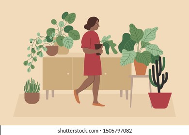 Vector illustration in flat simple style with female character - crazy plant lady, modern poster or print. Stylish girl in scandinavian interior, gardener taking care of home garden and plants, modern