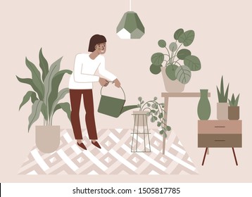 Vector illustration in flat simple style with female character - crazy plant lady, modern poster or print. Stylish girl in scandinavian interior, gardener taking care of home garden and plants, modern