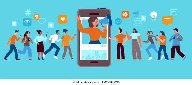 Vector illustration in flat simple style with characters - influencer marketing concept and referral loyalty program - blogger promotion services and goods for her followers online 