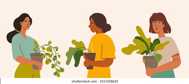 Vector illustration in flat simple style with female characters - girls holding pots with green plants - gardening and urban jungle