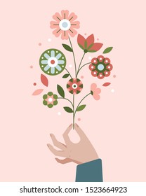 Vector illustration in flat simple style - hand holding flower bouquet - minimal greeting card or vertical wallpaper for social media stories