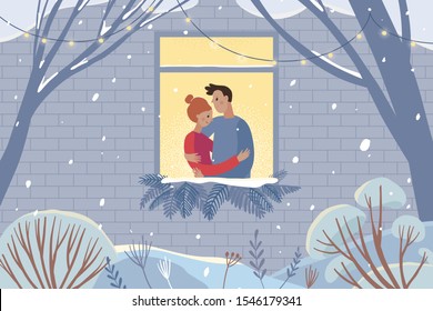 Vector illustration in flat simple style - couple spending time together inside cozy home in winter holiday season - new year and Christmas greeting card - happy cartoon characters in love