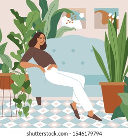 Vector illustration in flat simple style with female character - crazy plant lady, modern poster or print. Stylish girl in scandinavian interior, gardener taking care of home garden and plants, modern