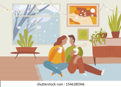 Vector illustration in flat simple style - couple spending time together inside cozy home in winter holiday season - new year and Christmas greeting card - happy cartoon characters in love