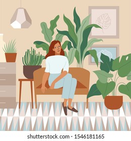 Vector illustration in flat simple style with female character - crazy plant lady, modern poster or print. Stylish girl in scandinavian interior, gardener taking care of home garden and plants, modern