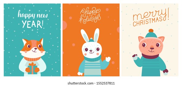 Vector illustration in flat simple style for Christmas and New Year greeting card - funny cartoon animals in winter clothes and hats 