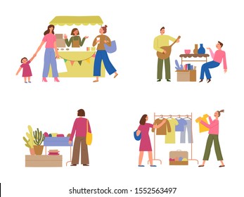 Vector illustration in flat simple style with cartoon characters - flea market poster and banner - people buying and selling second hand clothes and things at street fair 