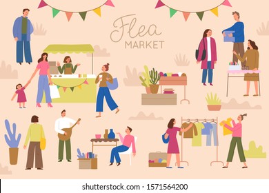 Vector illustration in flat simple style with cartoon characters - flea market poster and banner - people buying and selling second hand clothes and things at street fair 