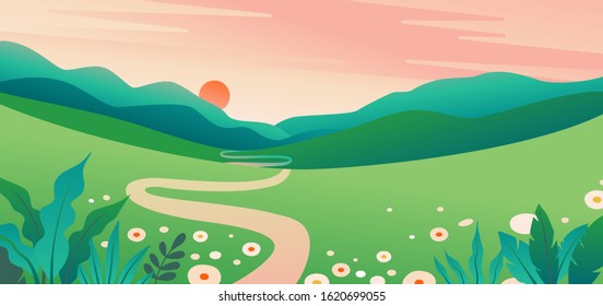 Vector illustration in flat simple style  with copy space for text - summer landscape with natural scene - gradient hills - abstract background or wallpaper for banner, greeting card, wallpaper