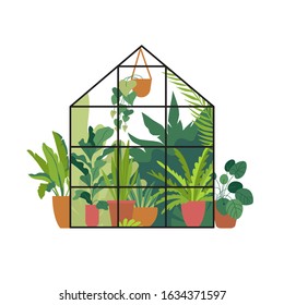 Vector illustration in flat simple style - greenhouse with plants, stylish urban jungle poster or print for home gardening