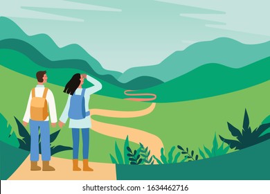 Vector illustration in flat simple style - tourists and landscape - characters with backpacks hiking - travel concept  and adventure tourism 