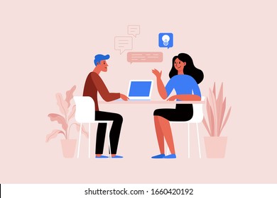 Vector illustration in flat simple style with characters - two people working together at the laptop, project management concept, we are hiring horizontal image for landing page and web site