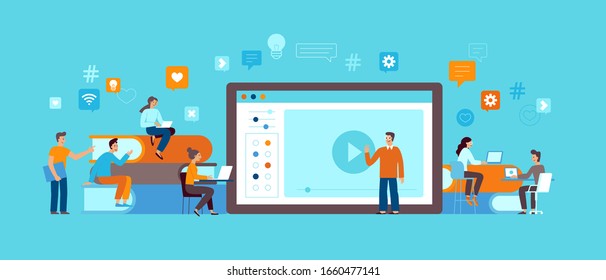 Vector illustration in flat simple style with characters - online education concept - students studying and learning using online platform and video course - horizontal banner for landing page and web