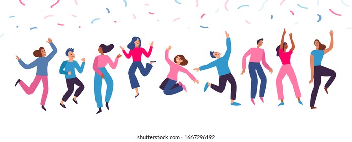 Vector illustration in flat simple style - happy jumping team - smiling men and women dancing - victory, teamwork and cooperation concept - happy and joyful people  