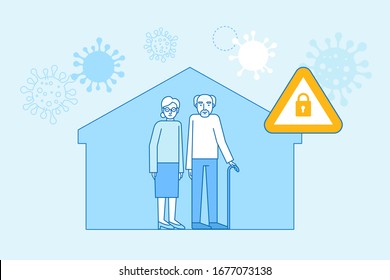 Vector illustration in flat simple style with character - novel coronavirus concept, self quarantine and social isolation for elderly people  - covid-19
