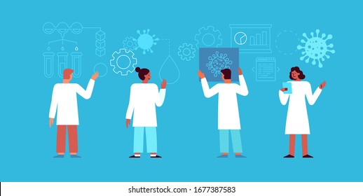 Vector illustration in flat simple style with characters - novel coronavirus concept, covid-19 - medical team and scientist working on tests and vaccine development