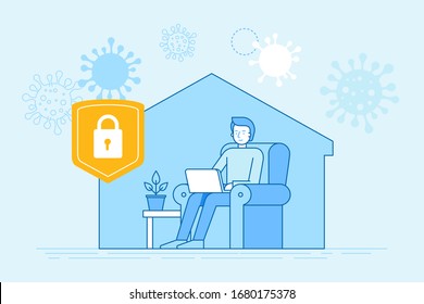 Vector illustration in flat simple style with character - novel coronavirus concept, self quarantine and social isolation - covid-19 -  illustration for infographics and banners