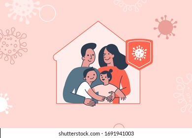 Vector illustration in flat simple style with character - novel coronavirus concept, self quarantine and social isolation for family  - covid-19 -  stay home, stay safe