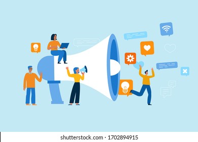 Vector Illustration In Flat Simple Style With Characters - Influencer Marketing Concept And Referral Loyalty Program - Blogger Promotion Services And Goods For Her Followers Online 