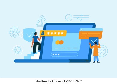 Vector illustration in flat simple style with characters - online security concept - personal data protection with biometric technologies and personal identification. Virtual interface with fingerprin